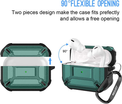Compatible Airpods Pro Case Cover, Airpods Pro Protective Case Armor Hard Rugged Shockproof Cover with Keychain Compatible with Apple Airpods Pro Charging Case (Front LED Visible), Green