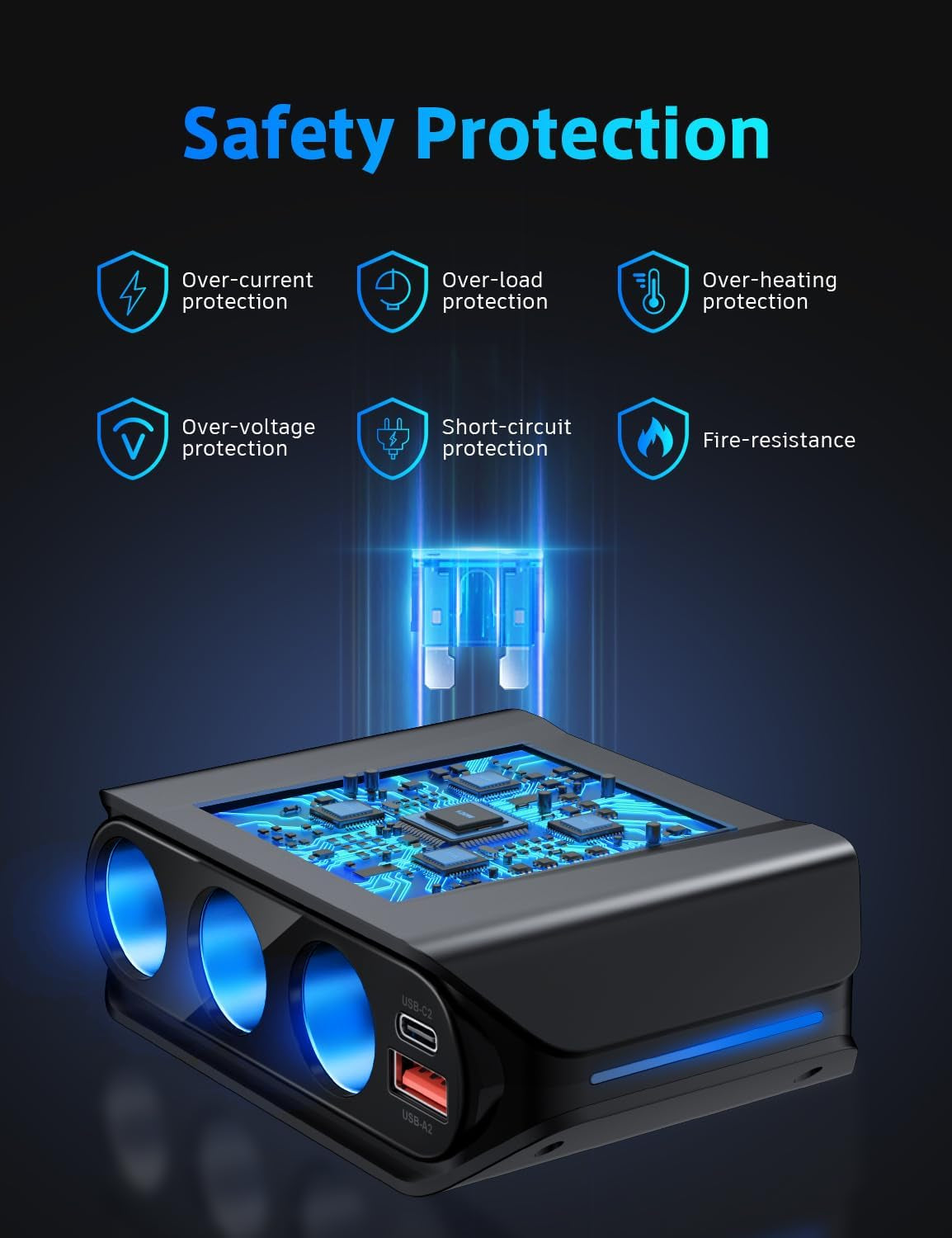 7 in 1 Cigarette Lighter Splitter,  180W (Max 192W) 3-Socket Car Cigarette Lighter Adapter with Dual PD 36W/QC3.0 Fast Charging (3.7FT Cable) 12V/24V Independent Switches & LED Voltage Display