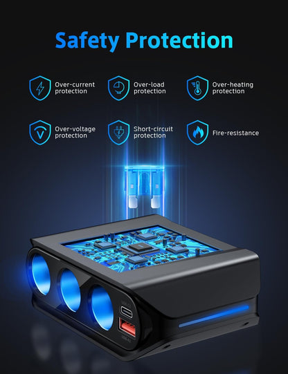 7 in 1 Cigarette Lighter Splitter,  180W (Max 192W) 3-Socket Car Cigarette Lighter Adapter with Dual PD 36W/QC3.0 Fast Charging (3.7FT Cable) 12V/24V Independent Switches & LED Voltage Display