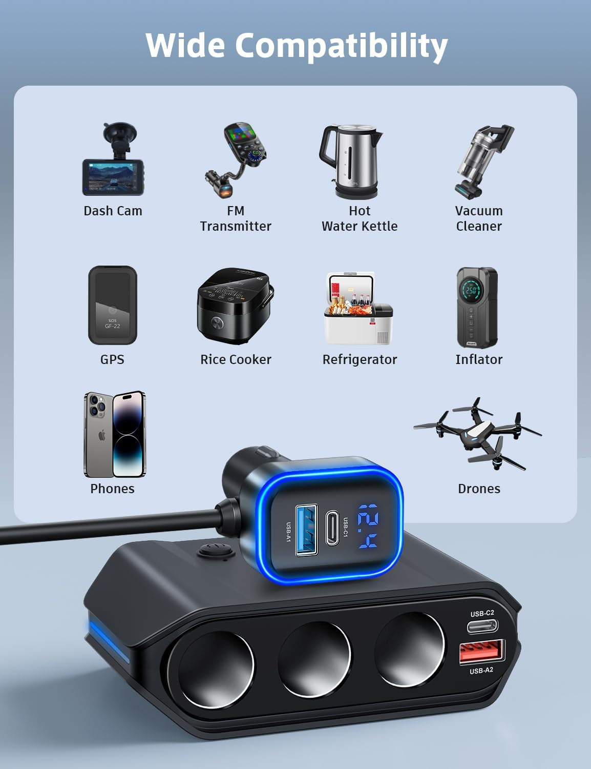 7 in 1 Cigarette Lighter Splitter,  180W (Max 192W) 3-Socket Car Cigarette Lighter Adapter with Dual PD 36W/QC3.0 Fast Charging (3.7FT Cable) 12V/24V Independent Switches & LED Voltage Display