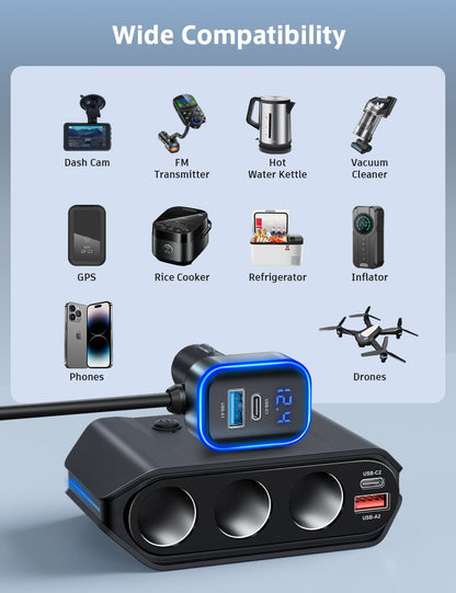 7 in 1 Cigarette Lighter Splitter,  180W (Max 192W) 3-Socket Car Cigarette Lighter Adapter with Dual PD 36W/QC3.0 Fast Charging (3.7FT Cable) 12V/24V Independent Switches & LED Voltage Display