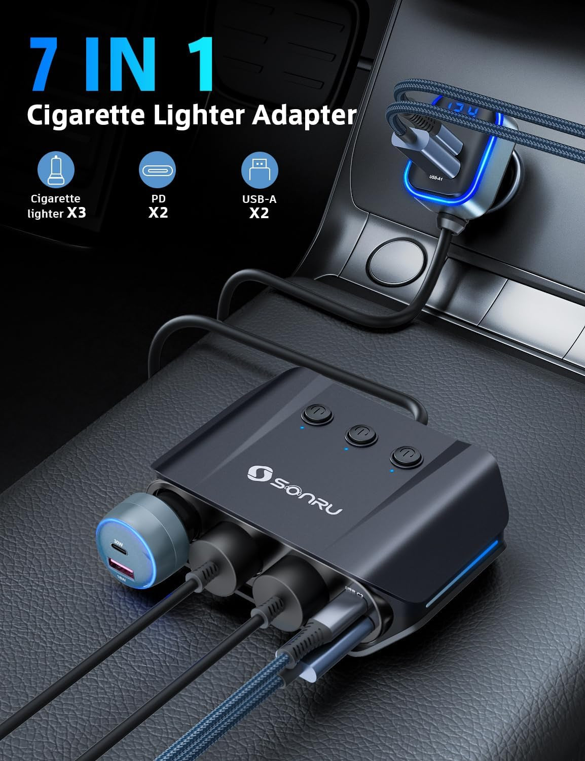 7 in 1 Cigarette Lighter Splitter,  180W (Max 192W) 3-Socket Car Cigarette Lighter Adapter with Dual PD 36W/QC3.0 Fast Charging (3.7FT Cable) 12V/24V Independent Switches & LED Voltage Display
