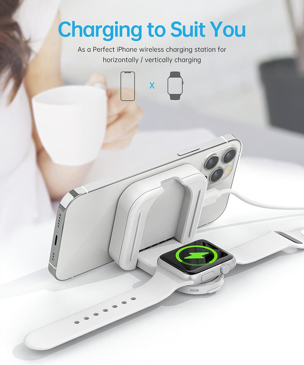 MURCIA 2 in 1 Magnetic Wireless Charger, Folding Dual Fast Magnetic Wireless Charging Station Stand Compatible with Iphone 13/12/ Pro Max/Mini/Apple Watch Se/7/6/5/4/3/2/1